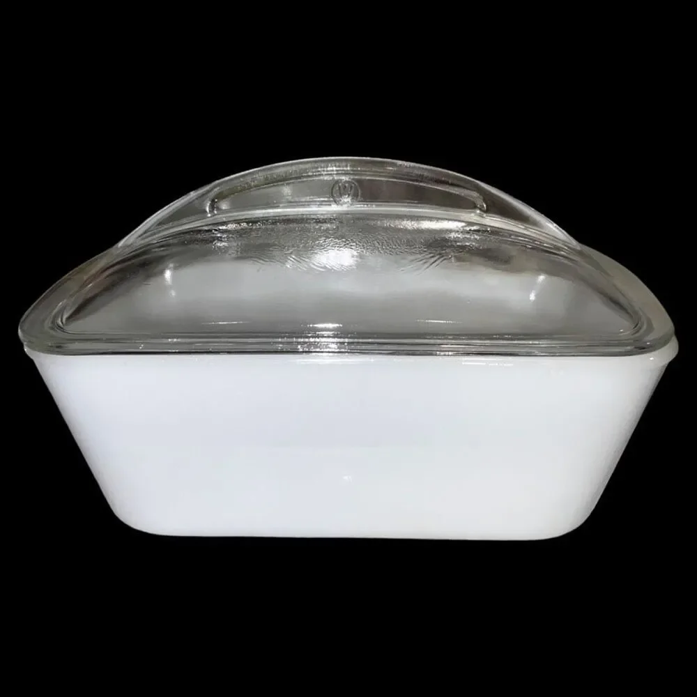 Vintage Westinghouse Loaf Pan Milk Glass Baking Refrigerator Dish Clear Lid 9”